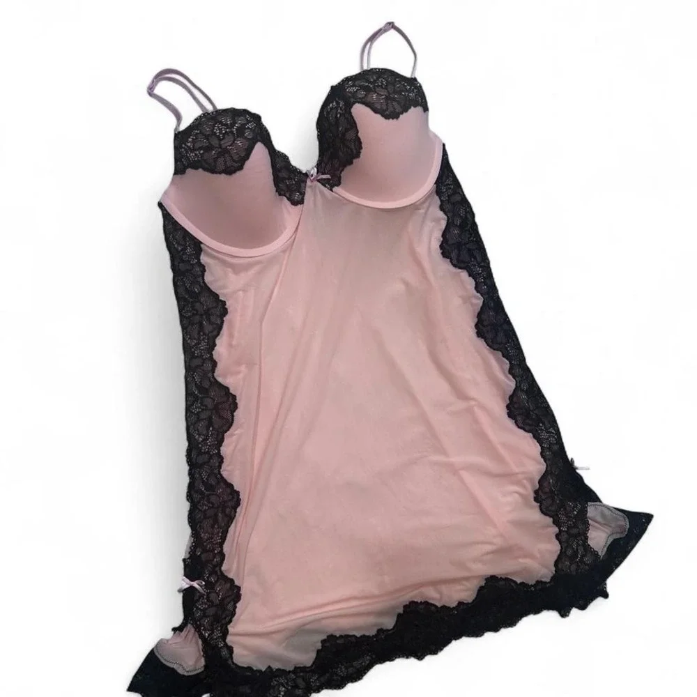 Victoria Secret Black/ Pink Lace Teddy‎ Medium Sexy Lacy Sheer
